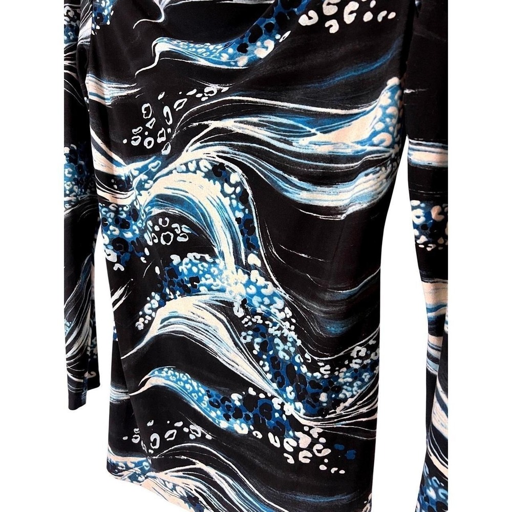 Vintage Suzie Cowl Neck Top Size M Abstract Wave Leopard Print Blue Black - Picture 4 of 6